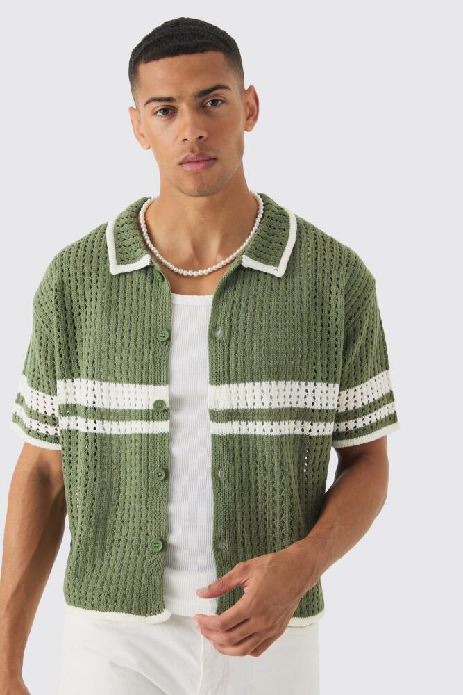 boohoo Mens Oversized Boxy Open Stitch Color Block Knit Shirt - Green Cover