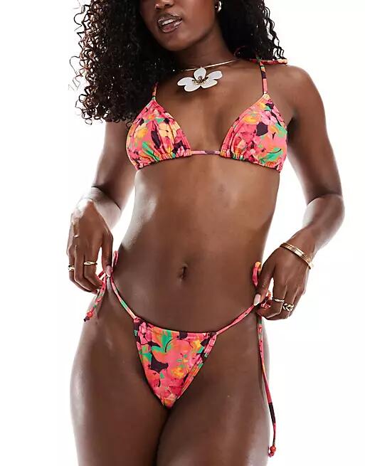 Reclaimed Vintage tie side bikini bottom with beads in blurred floral print-Multi Cover