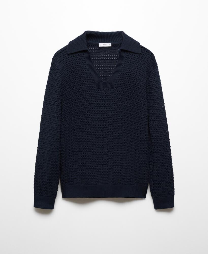 Mango Men's Openwork Knit Polo Neck Sweater - Dark Navy Cover