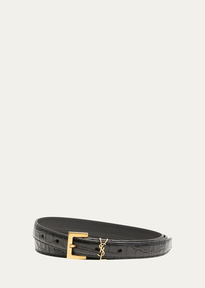 Saint Laurent Men's Croc-Embossed Leather Belt Cover