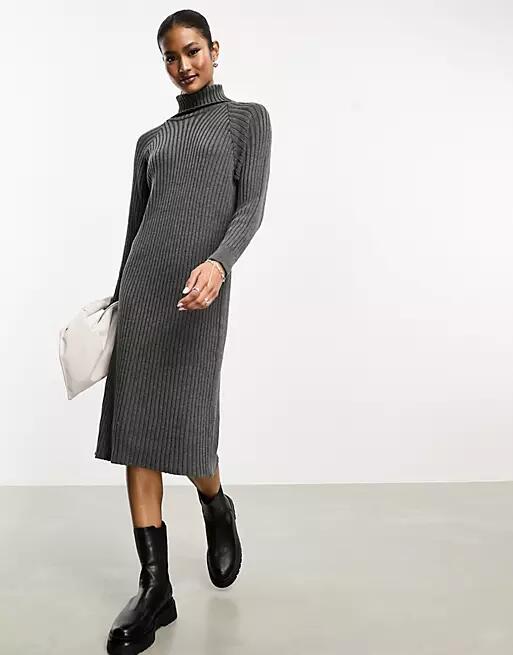 YAS ribbed roll neck sweater midi dress in gray Cover