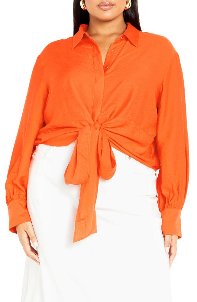 City Chic Rosabella Tie Hem Button-Up Shirt in Tangerine Tango Cover