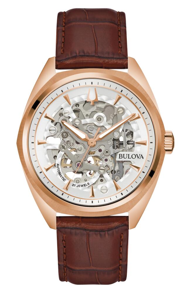 BULOVA Surveyor Automatic Leather Strap Watch, 41mm in Rose Gold-Tone Cover