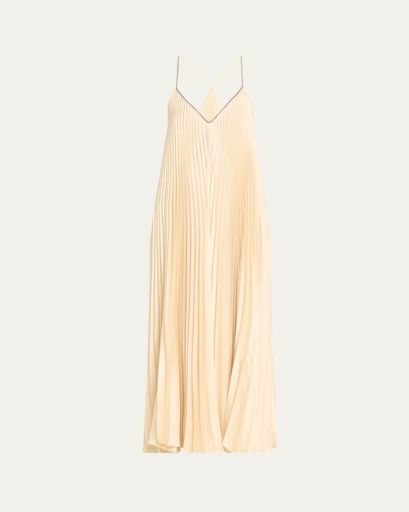 Brunello Cucinelli Soft Satin Pleated Midi Dress with Monili Strap Detail Cover