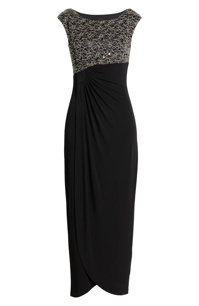 Connected Apparel Lace Faux Wrap Gown in Black/Gold Cover