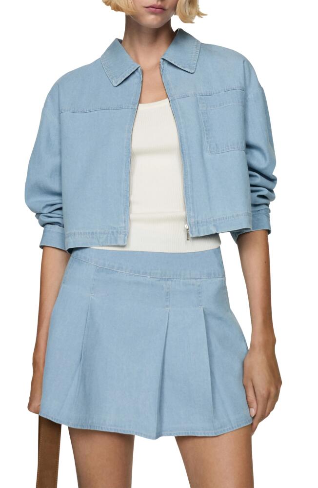 MANGO Pocket Zip Front Crop Denim Overshirt in Light Blue Cover