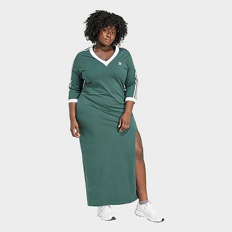 Adidas Women's Adicolor 3-Stripes V-Neck Maxi Dress (Plus Size) in Green/Mineral Green Cover