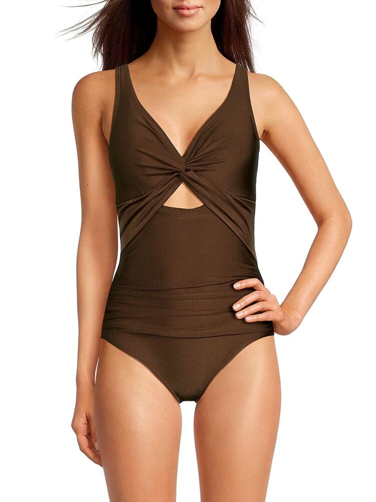 DKNY Women's Twist Cutout One Piece Swimsuit - Mocha Cover