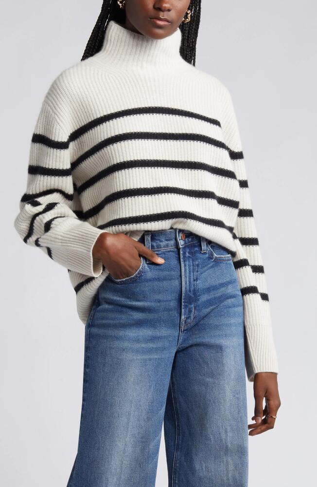 Nordstrom Stripe Cashmere Mock Neck Sweater in Ivory Sand- Black Stripe Cover