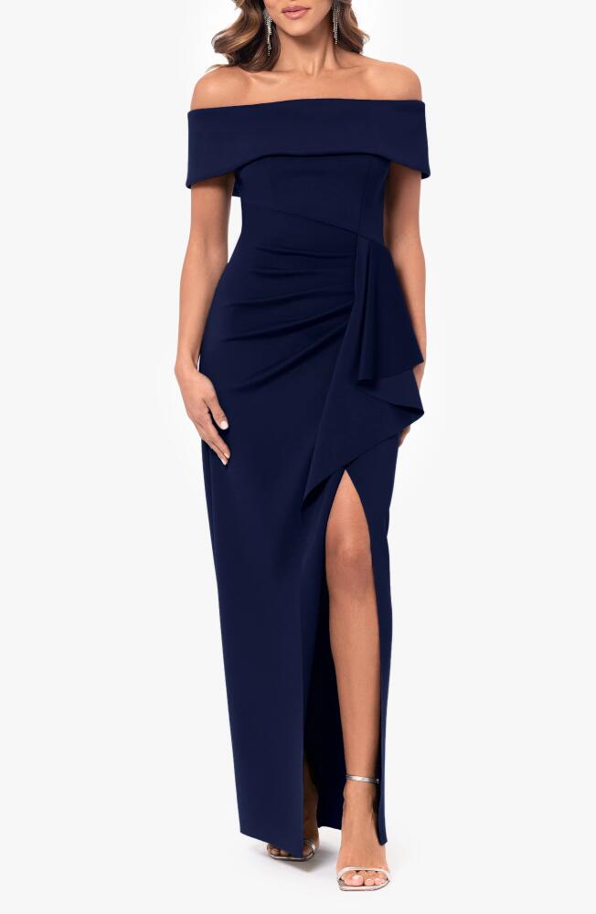 Xscape Evenings Side Ruffle Off the Shoulder Scuba Gown in Navy Cover