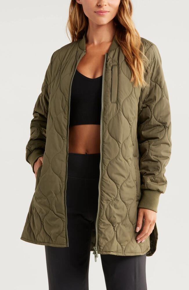 Zella Longline Onion Quilted Bomber Jacket in Olive Night Cover