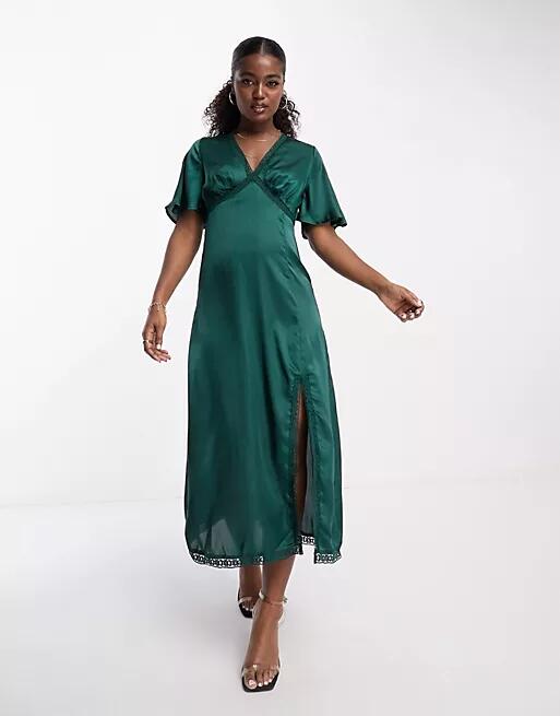 Influence flutter sleeve v neck midi dress with lace trim in forest green Cover