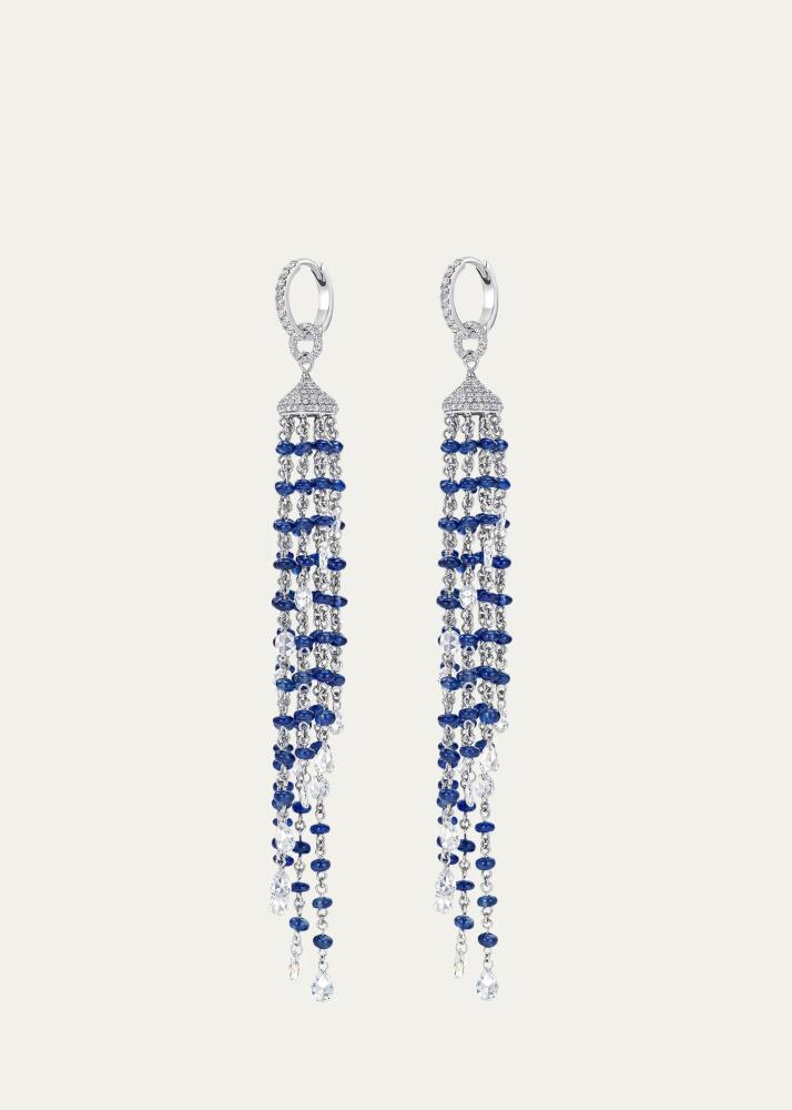 64 Facets 18K White Gold Spiral Tassel Earrings with Natural Sapphire Beads and Diamonds Cover