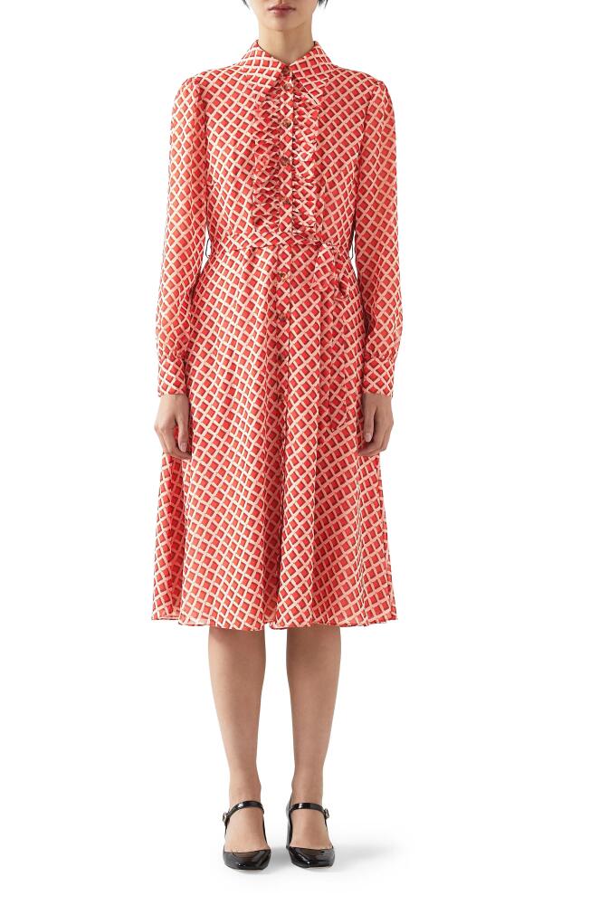 LK Bennett Ensor Print Ruffle Long Sleeve Shirtdress in Red Cover