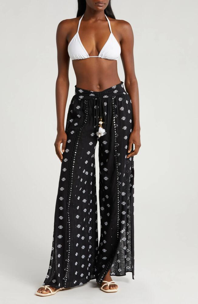 Ramy Brook Tassel Tie Vented Wide Leg Cover-Up Pants in Black/White Combo Cover