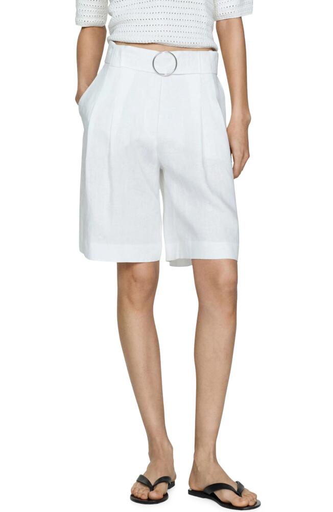 MANGO Belted Linen Bermuda Shorts in White Cover