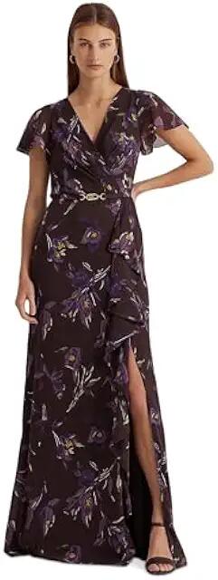 LAUREN Ralph Lauren Floral Belted Georgette Flutter-Sleeve Gown (Brown/Purple/Multi) Women's Dress Cover