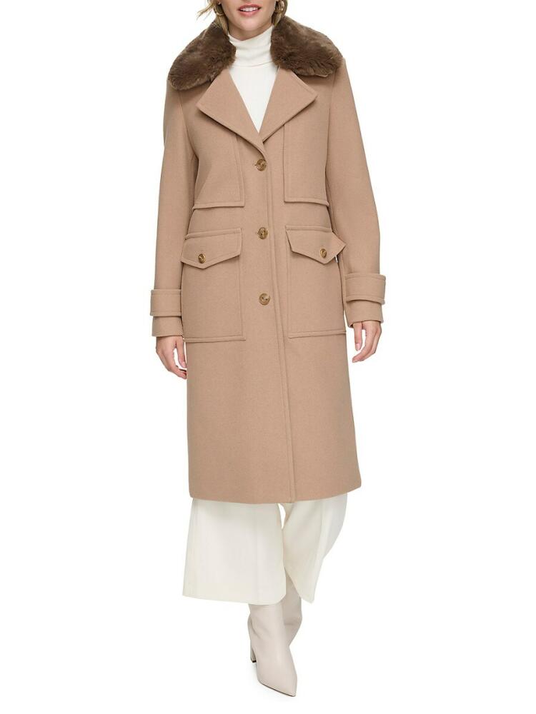 Andrew Marc Women's Olpae Faux Fur Collar Wool Blend Trench Coat - Camel Cover