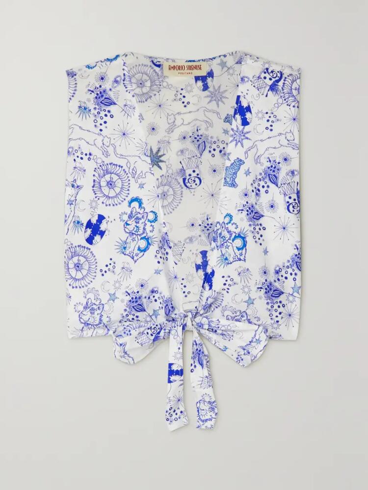 Emporio Sirenuse - Sonia Cropped Bow-detailed Printed Cotton-poplin Top - Blue Cover