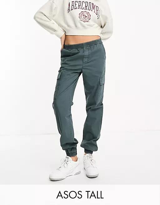 ASOS DESIGN Tall washed cargo pants with cuff hem in petrol blue-No color Cover