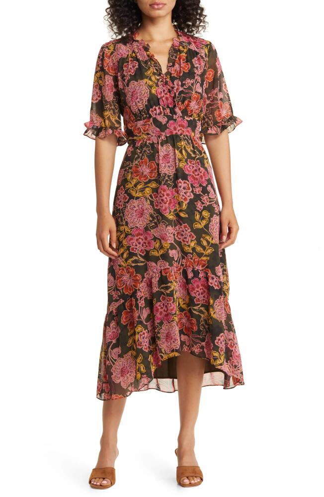 Maggy London Floral Ruffle Faux Wrap Midi Dress in Olive/Pink Coral Cover