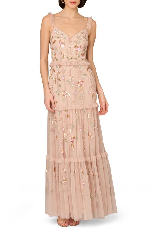 Aidan Mattox by Adrianna Papell Floral Beaded Tiered Gown in Pink Multi Cover