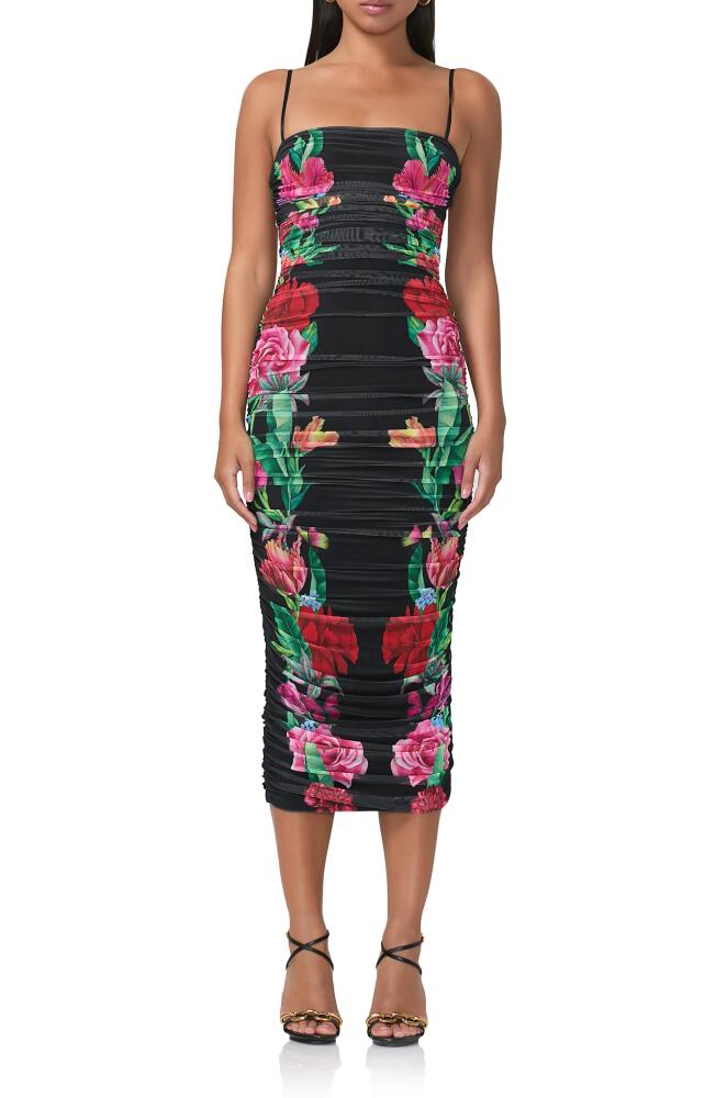 AFRM Hazel Print Ruched Mesh Midi Dress in Body Floral Cover