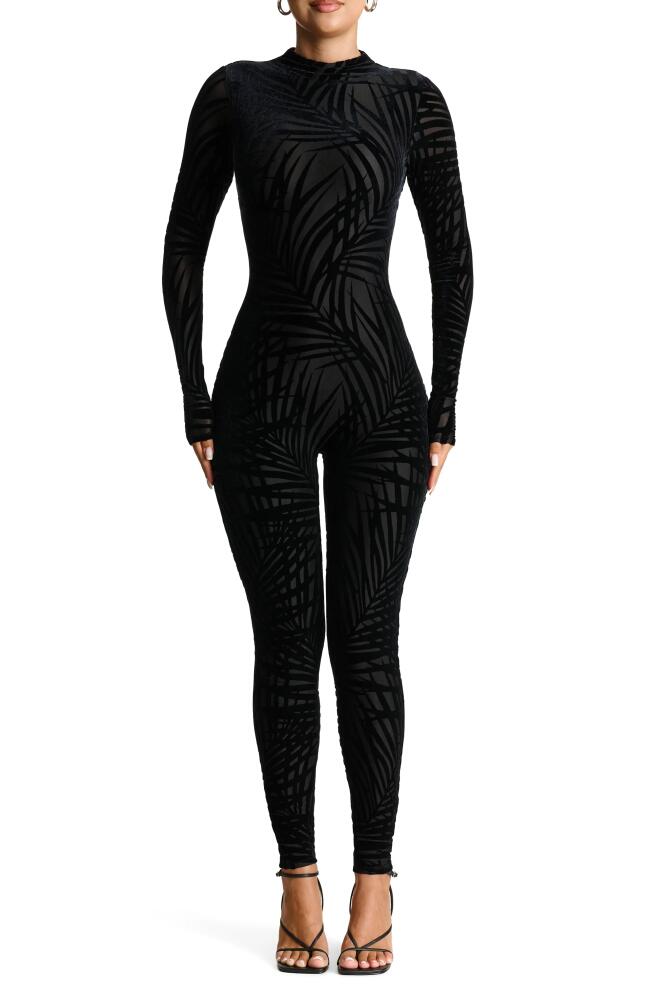 Naked Wardrobe Palm Frond Burnout Velvet Long Sleeve Jumpsuit in Palm Black Cover