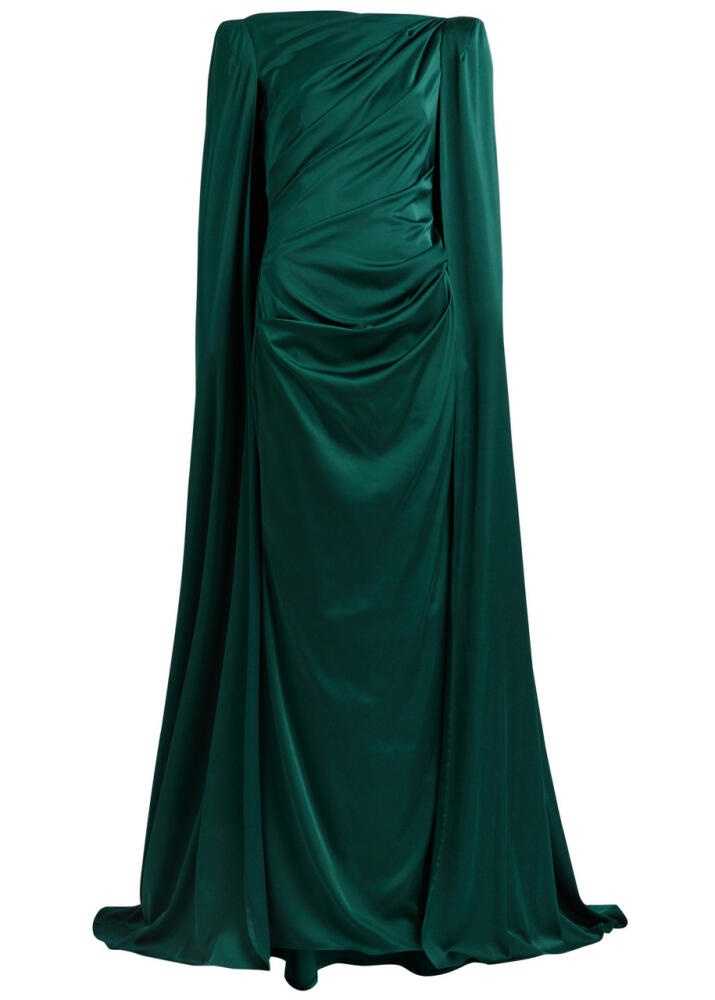 Talbot Runhof Cape-effect Gathered Satin Gown - Teal Cover