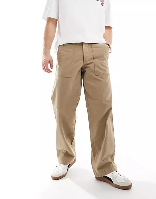 Jack & Jones wide fit herringbone worker pants in beige-Neutral Cover