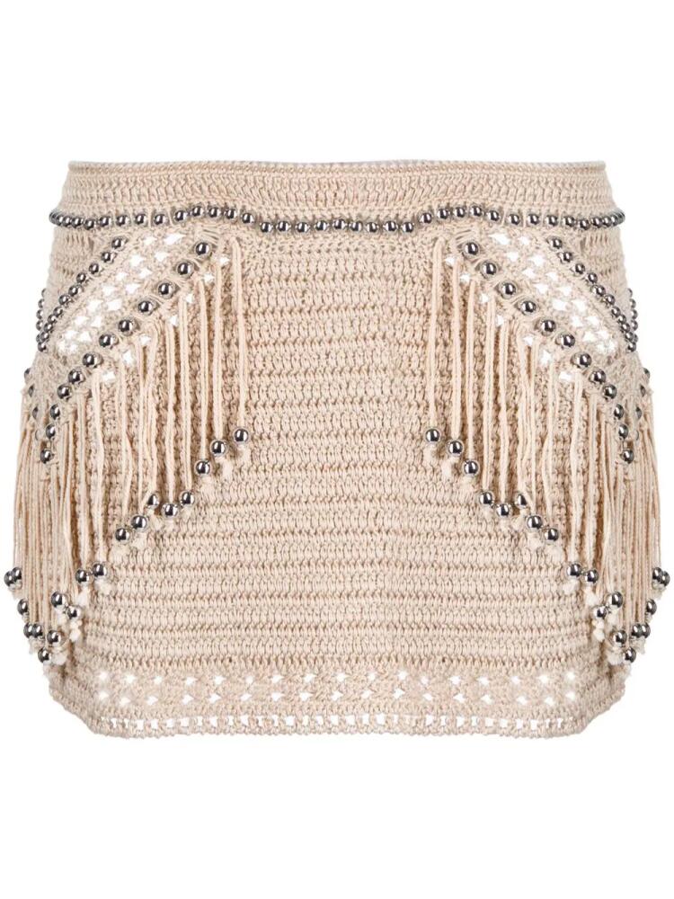 Rabanne embellished fringed crochet miniskirt - Brown Cover