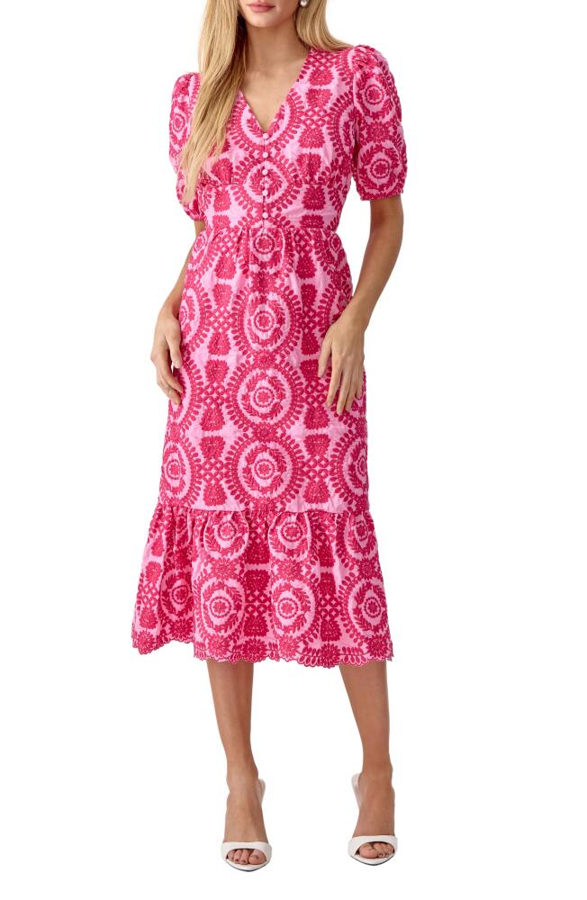 Adelyn Rae Luisa Embroidered Midi Dress in Pink/Magenta Cover