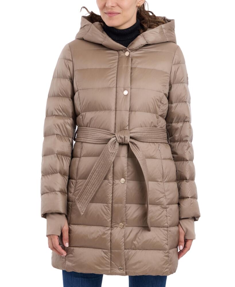 Michael Michael Kors Women's Belted Hooded Puffer Coat, Created for Macy's - Taupe Cover