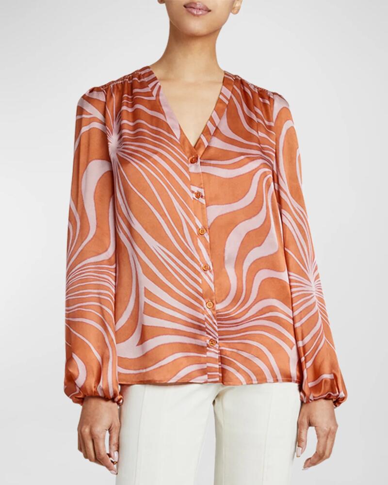 Santorelli Alexia Swirl-Print Blouson-Sleeve Blouse Cover