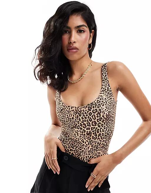 Bershka scoop neck slinky bodysuit in leopard print-Multi Cover