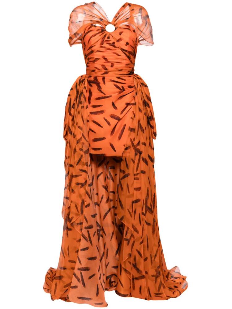 Isabel Sanchis feather-print draped silk gown - Orange Cover