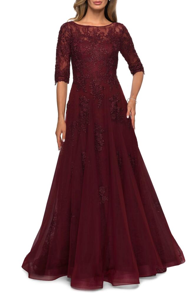 La Femme Floral Lace & Tulle Gown in Burgundy Cover