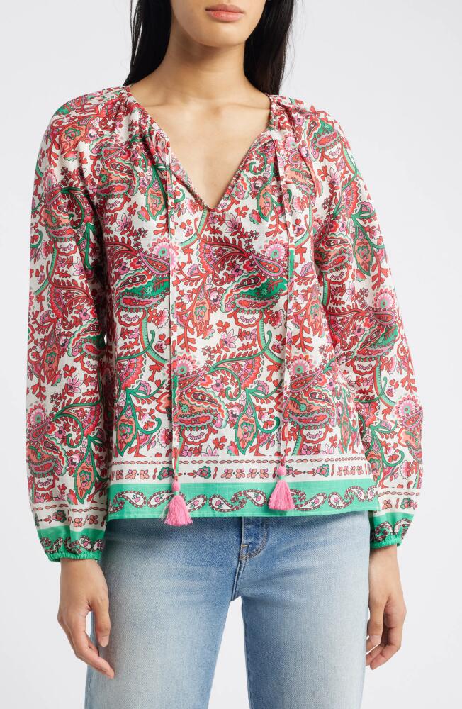 Boden Serena Paisley Print Cotton Split Neck Top in Red Multi Cover