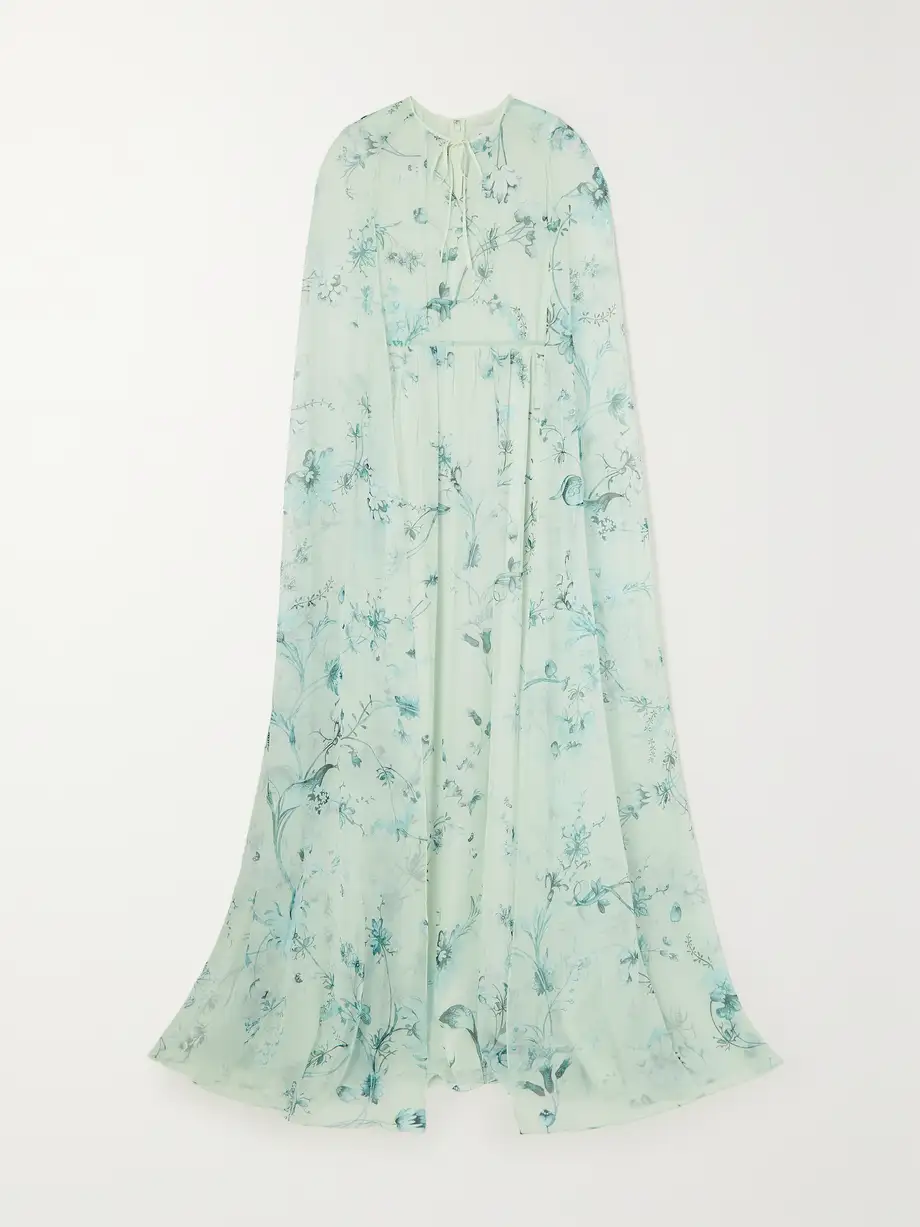 Erdem - Kenley Cape-effect Tie-detailed Floral-print Silk-voile Gown - Blue Cover