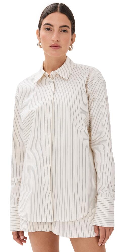 Good American Stripe Poplin Shirt Putty Pencil Stripe003 Cover