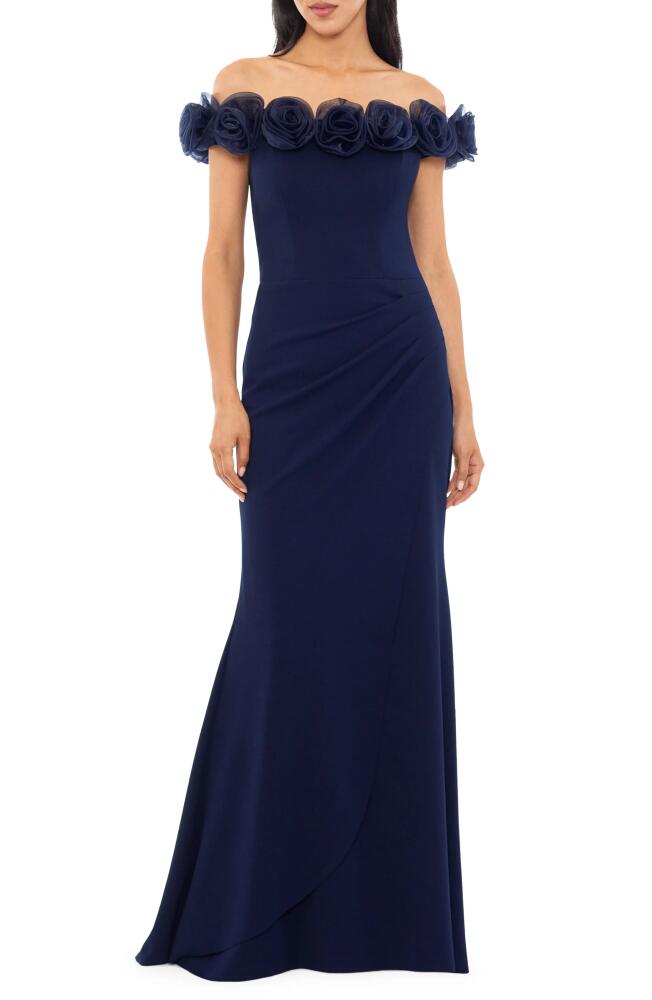 Xscape Evenings Floral Appliqué Off the Shoulder Gown in Navy Cover