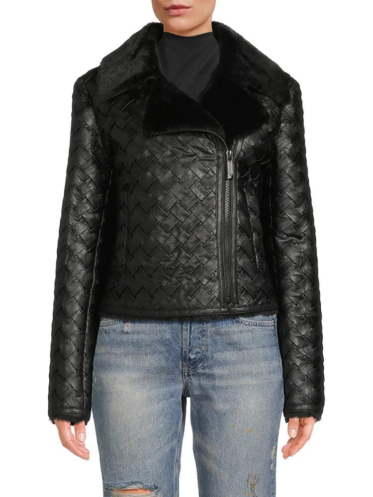 BELLE FARE Women's Faux Shearling & Woven Faux Leather Moto Jacket - Black Cover