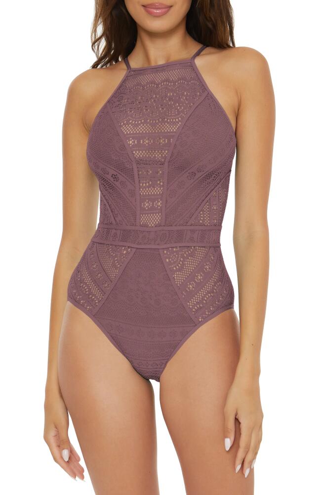 Becca Colorplay Lace Overlay One-Piece Swimsuit in Fig Cover