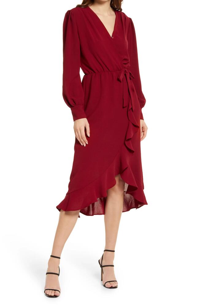 Fraiche by J Faux Wrap Ruffle Long Sleeve Dress in Wine Cover