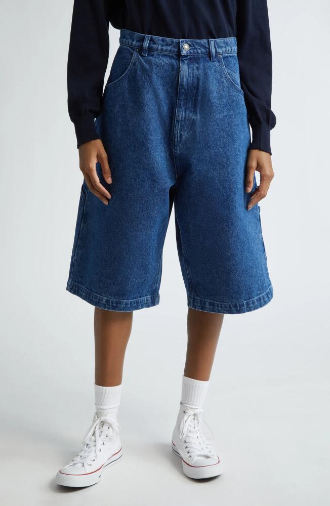 Sky High Farm Workwear Gender Inclusive Perennial Logo Oversize Denim Utility Shorts in Blue Cover