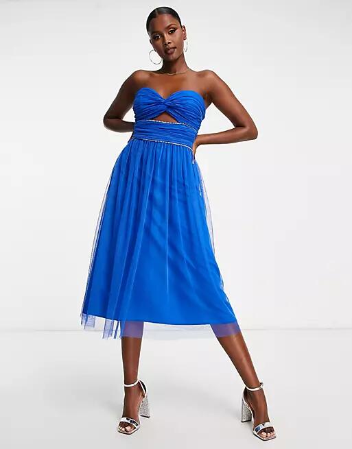 Trendyol bandeau midi dress with cut out in blue Cover