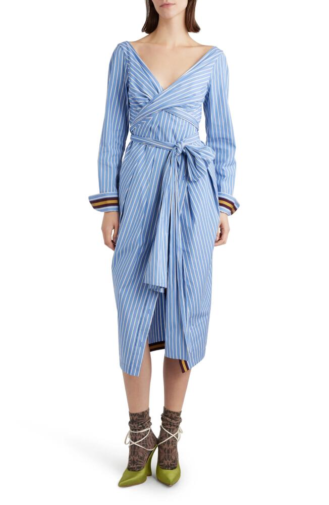 Dries Van Noten Dolada Stripe Long Sleeve Cotton Poplin Midi Shirtdress in Light Blue Cover