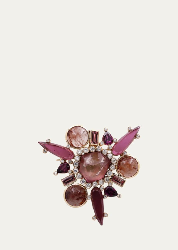 Stephen Dweck Tourmaline, Mother-of-Pearl, Rutilated Sunstone and Rhodolite Garnet Brooch-Pendant in 18K Gold Cover