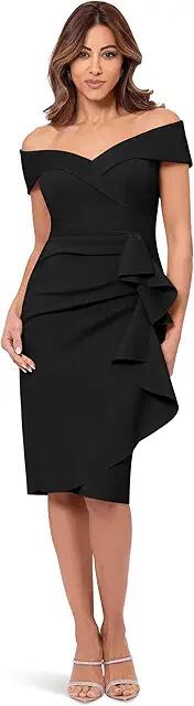 XSCAPE Short Scuba Off The Shoulder Ruffle (Black) Women's Dress Cover