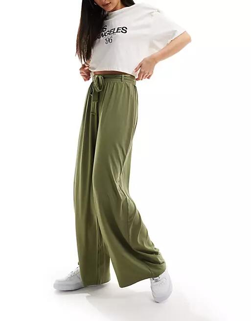 ASOS DESIGN tie belt wide leg pants in olive-Green Cover